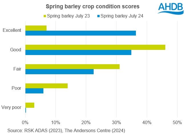 Chart of GB spring barley crop conditions scores at the start of July 2024